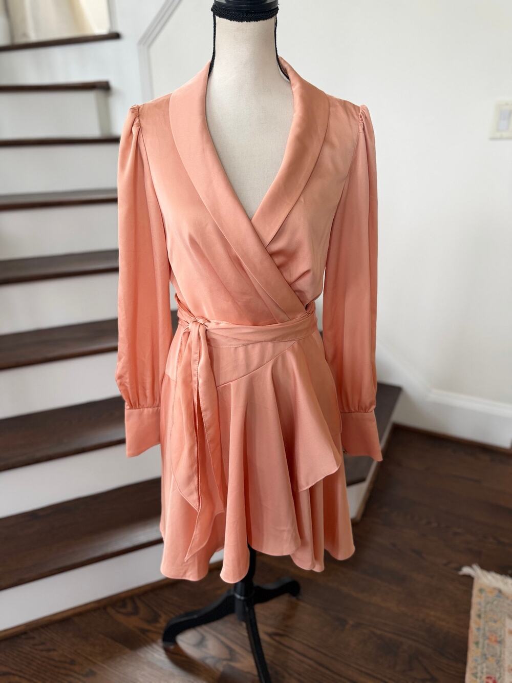 Mac Duggal Warm Pink Satin Blouson Sleeve Ruffle Midi Wrap Cocktail Party Dress